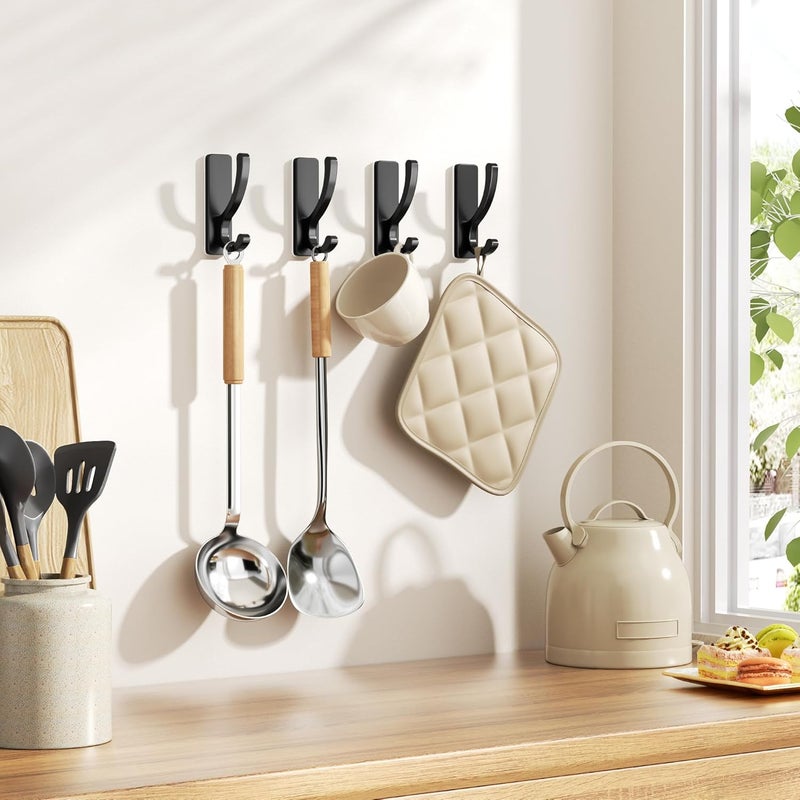 pickpiff Adhesive Wall Hooks for Towels - Sticky Hook Hanging Heavy Duty (13lb), Hanger for Door, Bathroom, Dorm, Closet - for Coats, Purse, Bag, Robe - No Damage to Wall - Black 4 Pack - Image 3